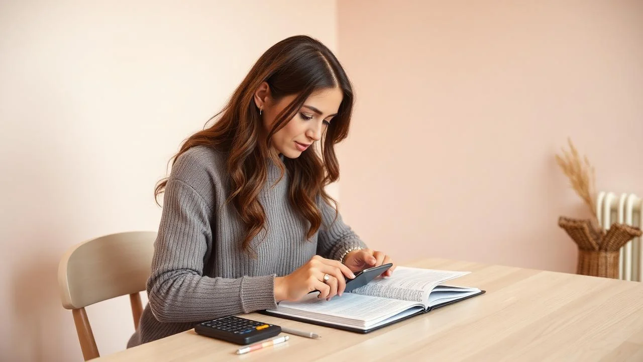 Mujer organizando sus finanzas personales con cuaderno y calculadora