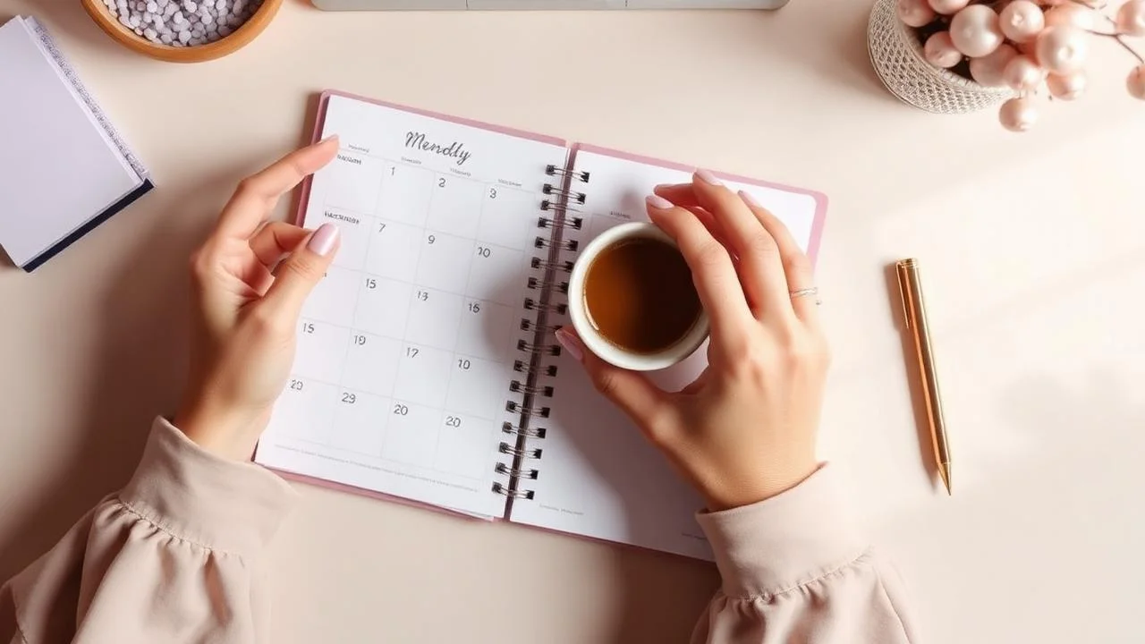 Manos organizando una agenda semanal junto a una taza de café