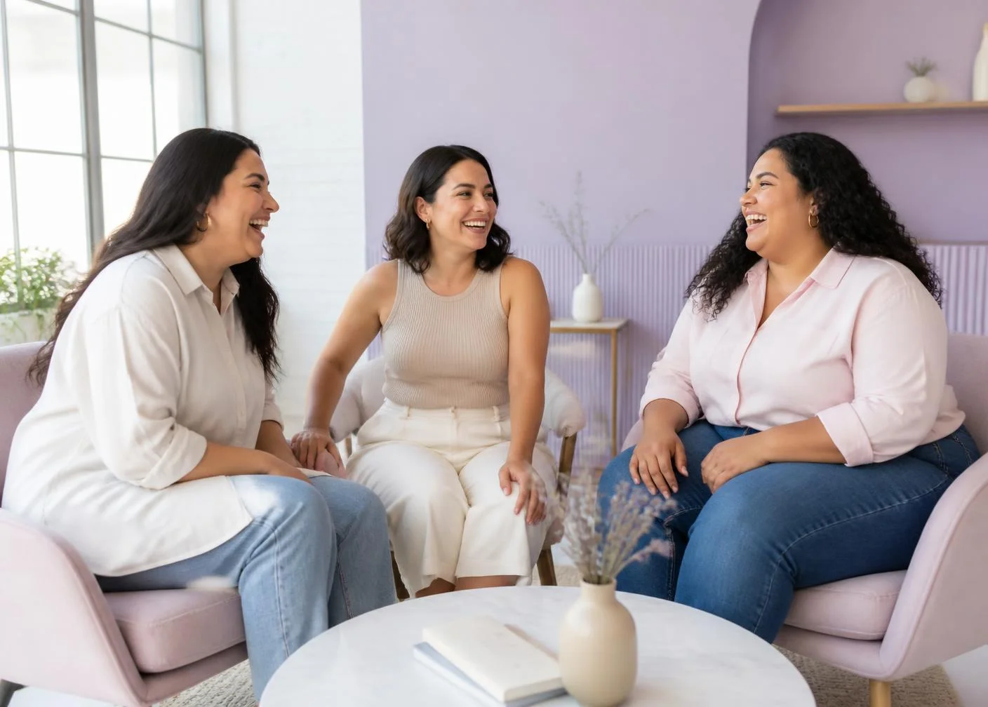 Tres mujeres conversando y riendo en la sala de un estudio