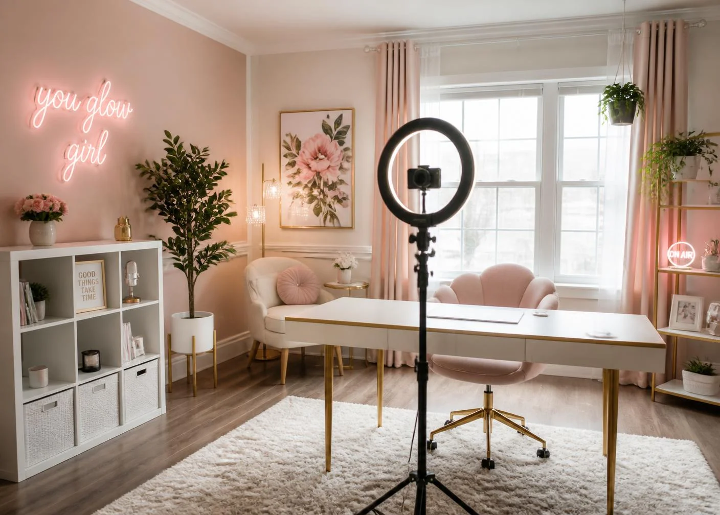Sala del estudio con iluminación profesional, tonos pastel y ambiente acogedor